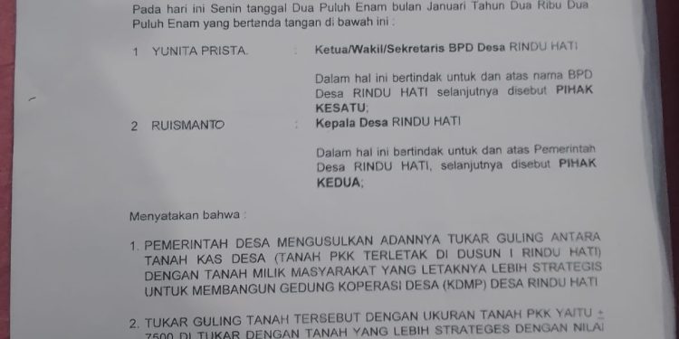 Diduga Modus Tukar Guling Dengan Lahan Pribadi Kepala Desa Rindu Hati Kecamatan Gumay Ulu Serobot Tanah Desa